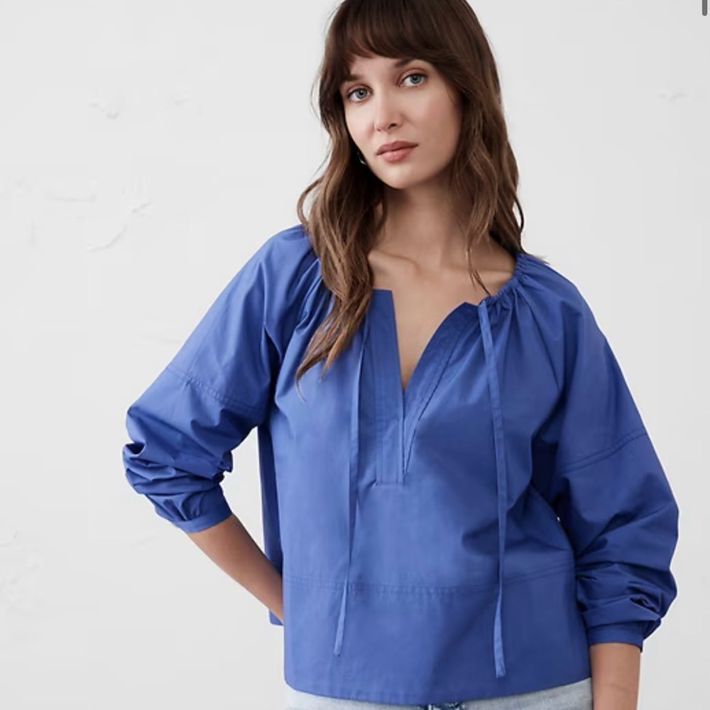 Banana Republic Blue Popover Peasant Sleeve Cotton Blouse NWT